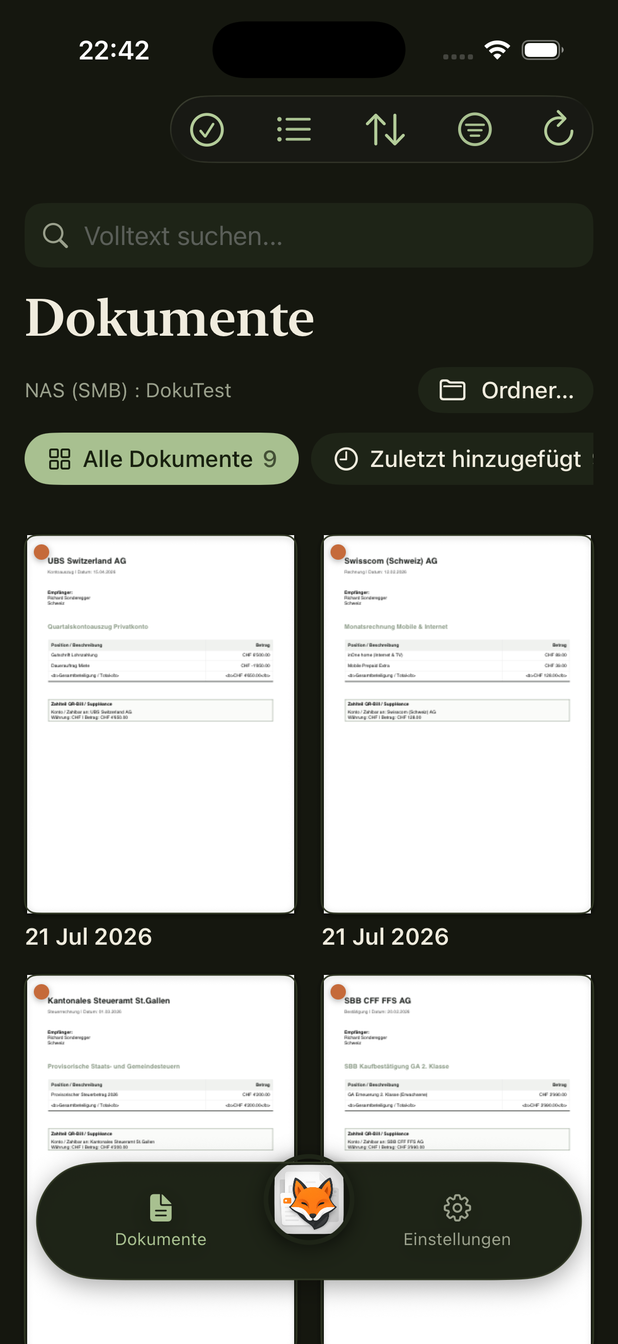 DokuSort iOS Dokumente Übersicht