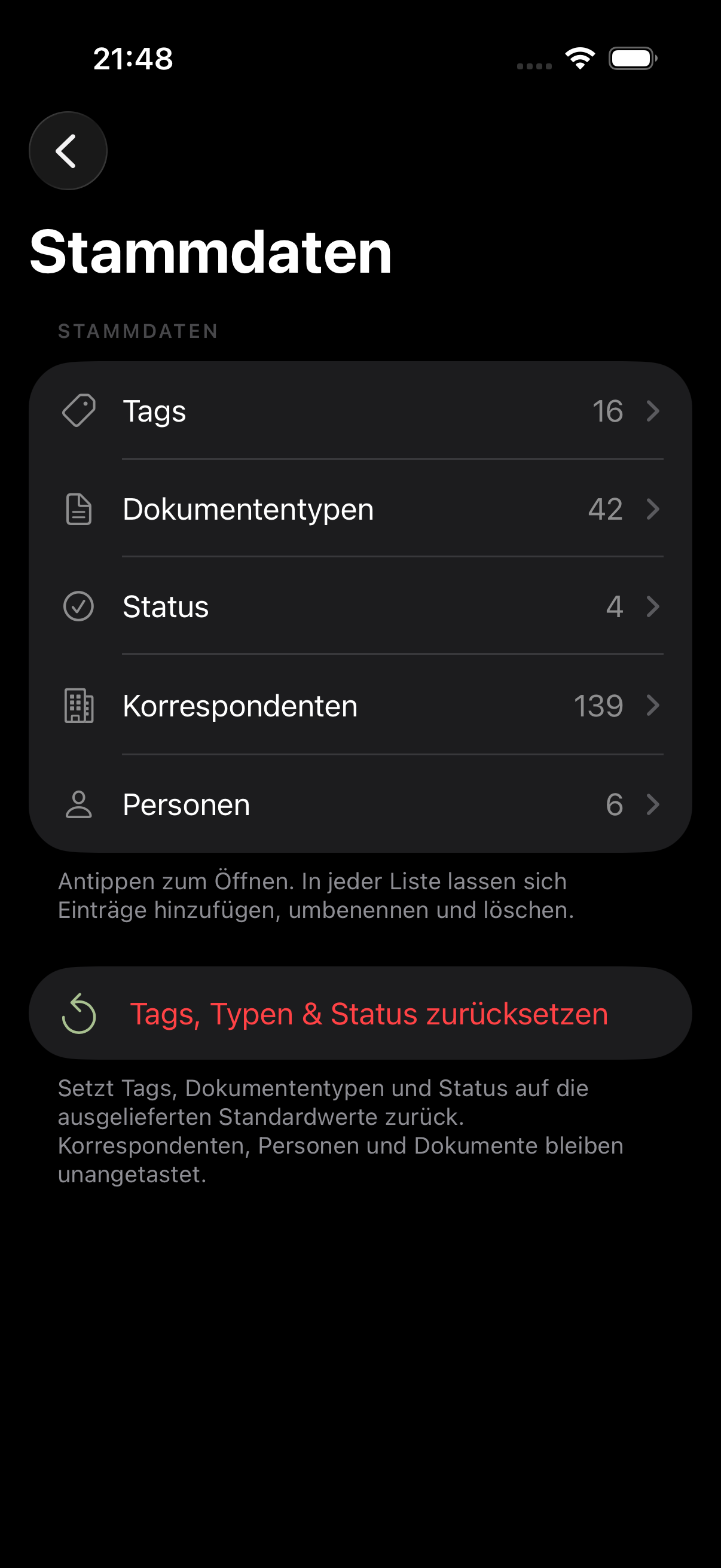DokuSort iOS Stammdaten Verwaltung